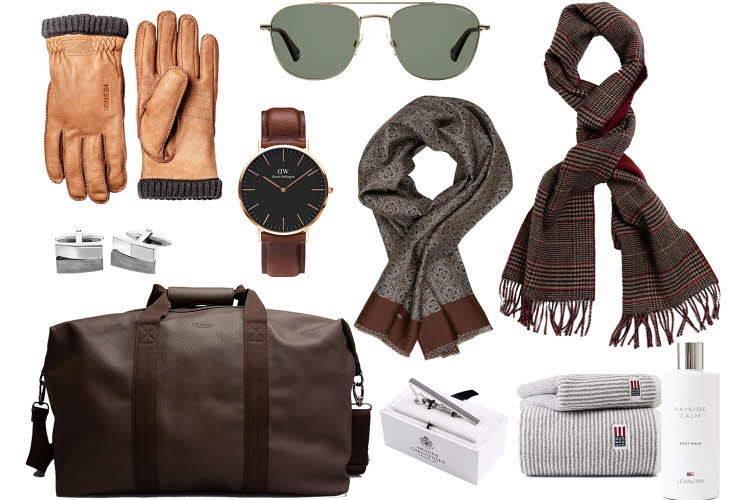 kollasj av forskjellige produkter: hansker, skjerf, klokke, solbriller, bag, håndklær