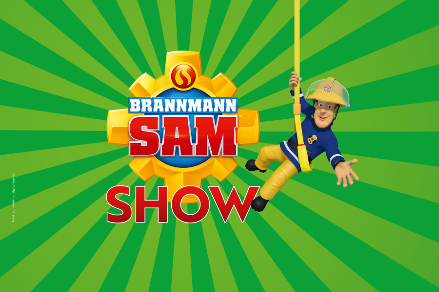 Grønn bakgrunn med Brannmann Sam-figuren og tekst "Brannmann Sam Show"