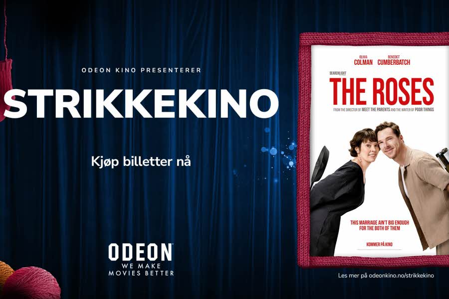 Tekst: Strikkekino, kjøp billetter nå, Odeon Kino og bilde av reklamen for filmen The Roses