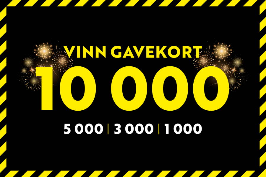 Sort bakgrunn og teksten "vinn gavekort 10 000, 5000, 3000, 1000"