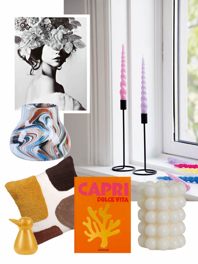 Interiør collage, bilde, vase, sofapute, dekorfugl, bok og stearinlys