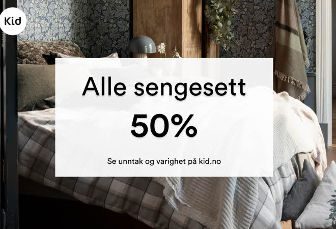 Inspirasjonsbilde av varer fra Kid Interiør med tekst: "alle sengesett 50%"