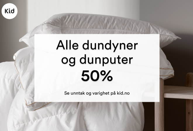 Inspirasjonsbilde av varer fra Kid Interiør med tekst: "alle dundyner og dunputer 50%"