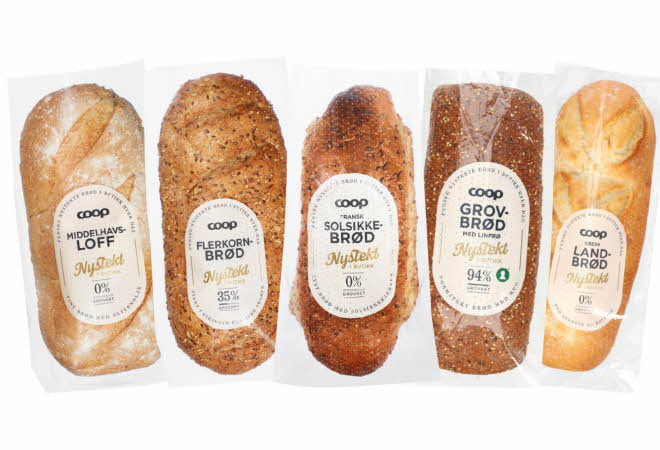 Fem forskjellige nystekte brød fra Coop