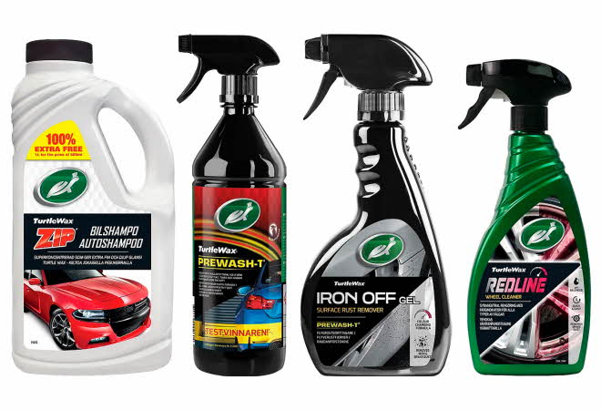 Fire forskjellige produkter for bilpleie