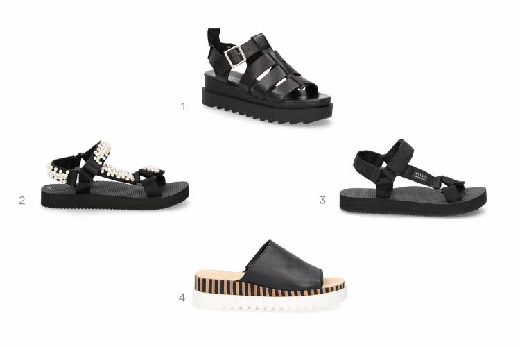 kollasj av produktbilder, 4 svarte sandaler