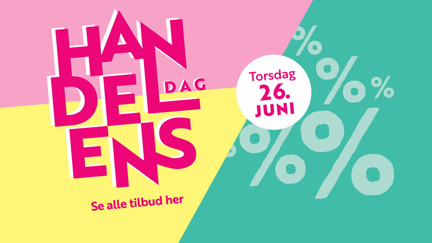 Rosa, gul og grønn bakgrunn med tekst "handelens dag torsdag 26. juni"