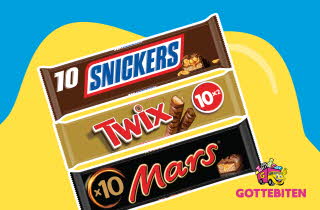 Tre sjokoladebarer med Snickers, Twix og Mars.