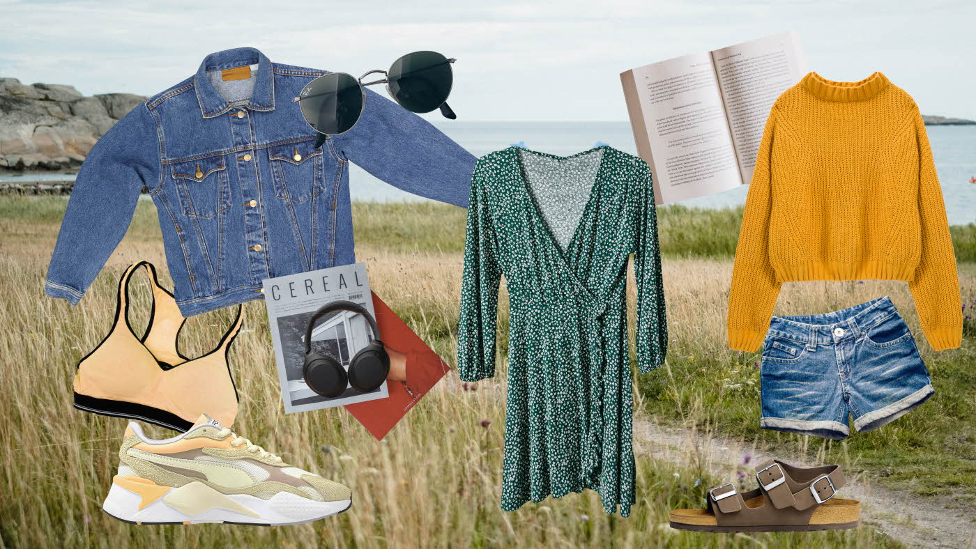 Kollasj av hyttetilbehør. Denimjakke, lett kjole, ullgenser, sandaler