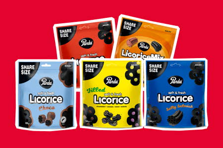 Fem poser Panda Licorice i forskjellige smaker