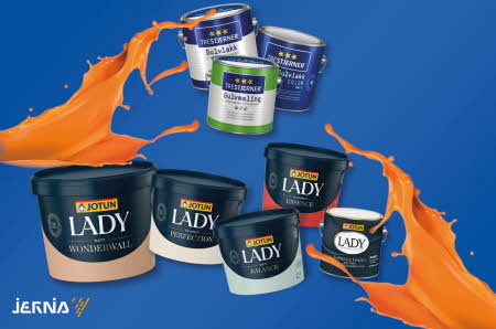 Mange forskjellige typer maling fra Lady, med oransj maling som blir kastet utover fra sidene
