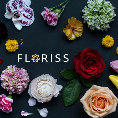 Mange forskjellige blomster som ligger utover rundt logoen til Floriss