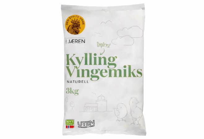 En pose med kyllingvingemiks fra Den Stolte Hane