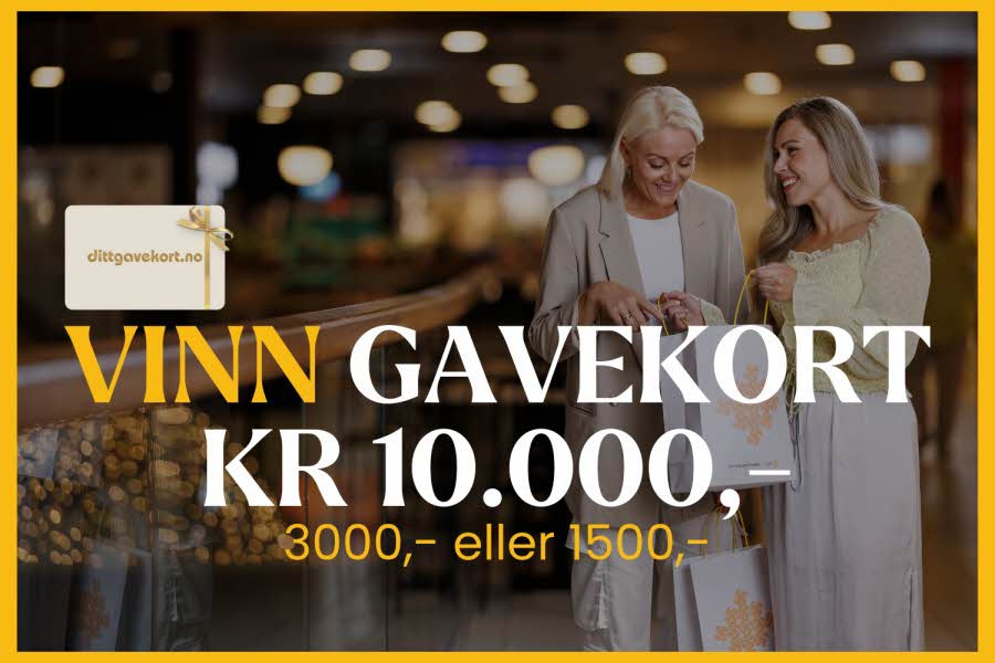 To damer som ser i handleposer. Tekst "Vinn gavekort kr 10000,-"