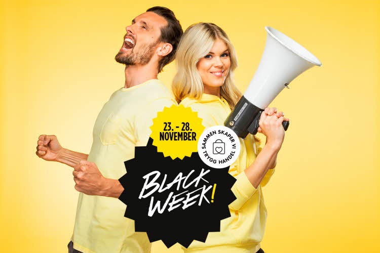mann og dame står rygg mot rygg med gul genser på gul bakgrunn, kvinnen holder en megafon, teksten Black Week i svart boble,datoene 23.-28. november i gul boble, trygg handel-logoen ved siden av