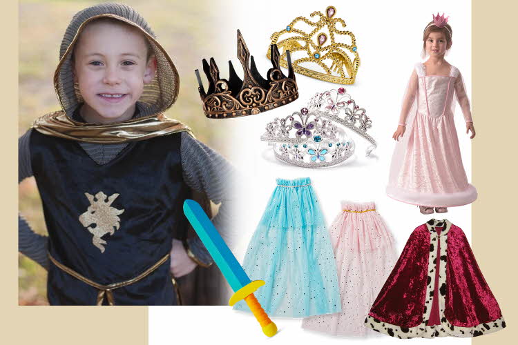 Kollasj av kostymer av prinsesse og prins