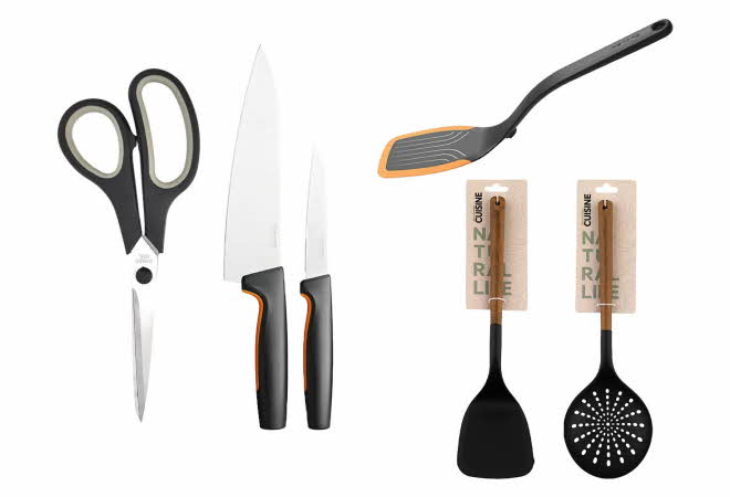 En saks, to kniver, to stekespader og en hussleiv.