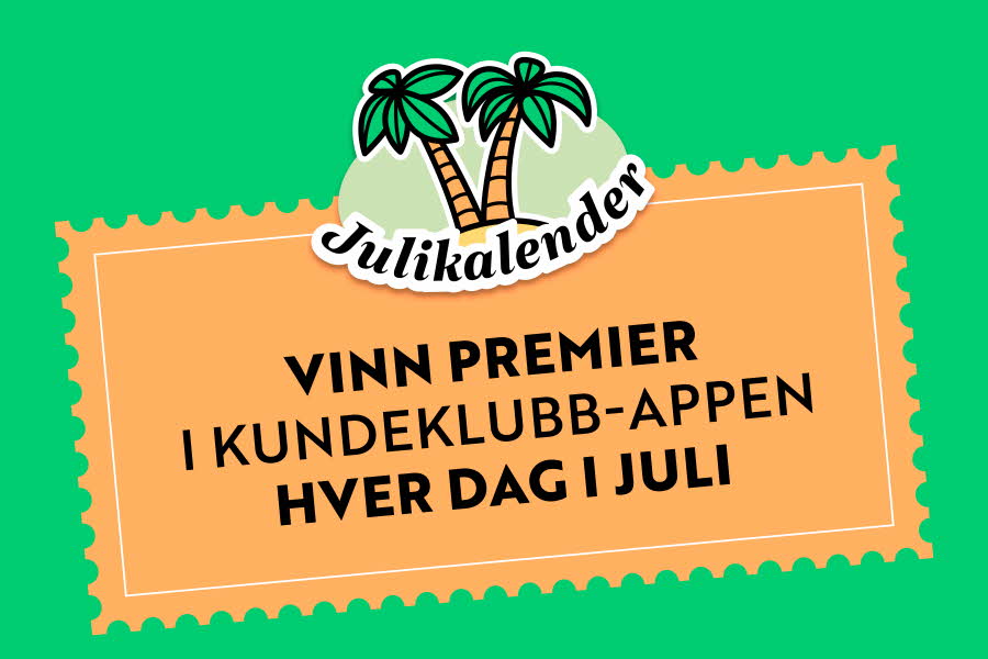 Grønn bakgrunn med rosa ramme og tekst "Julikalender - vinn premier i kundeklubb-appen hver dag i juli"