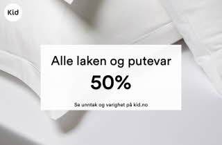 Inspirasjonsbilde av varer fra Kid Interiør med tekst: "alle laken og putevar 50%"