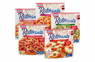 Fem forskjellige frossen pizzaer fra Dr. Oetker Ristorante.