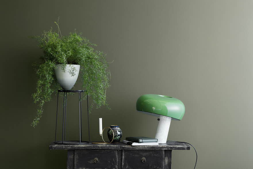 Bord med vase med grønn plante, grønn bordlampe.