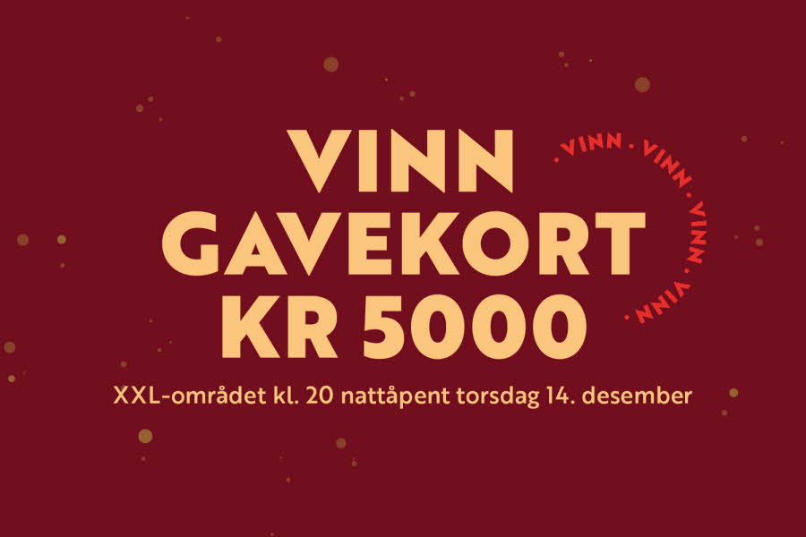 Vinrød bakgrunn med teksten: "Vinn gavekort kr. 5000"