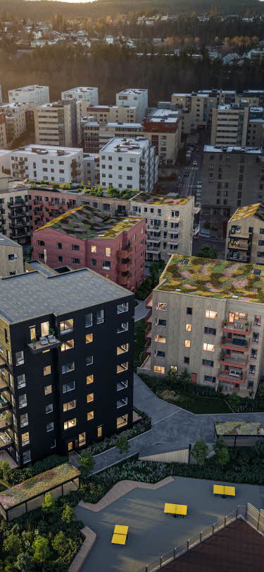 Fugleperspektiv på boligblokker i solnedgang. 3D-illustrasjon.