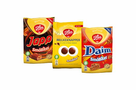 Tre poser med Japp, Melkesjokolade og Daim