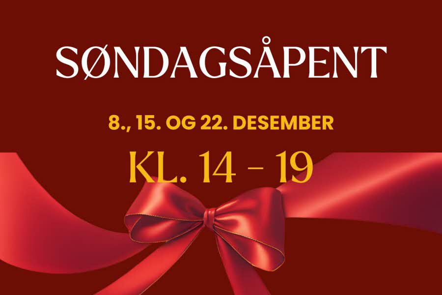 Rød bakgrunn med sløyfe, teksten Søndagsåpent 8. 15. og 22. desember kl. 14-19