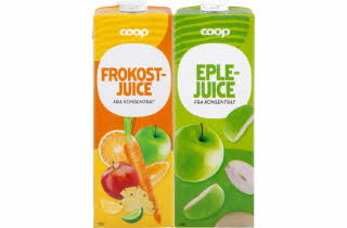 En gul kartong Coop frokostjuice og en grønn kartong Coop eplejuice.