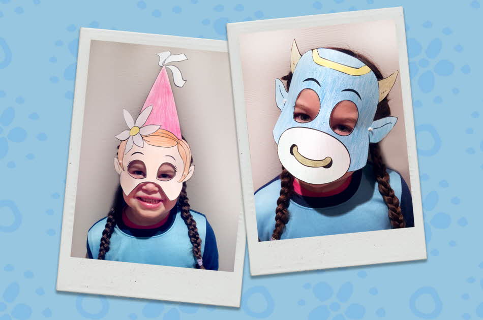 kollasj av 2 stk polaroidbilder av barn som prøver amfelia- og oskar-masker