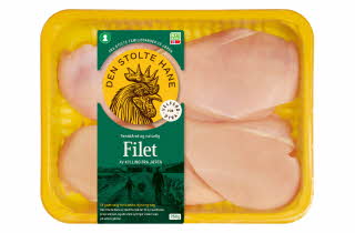 En pakke med kyllingfilet i gul pakning fra Den stolte hane