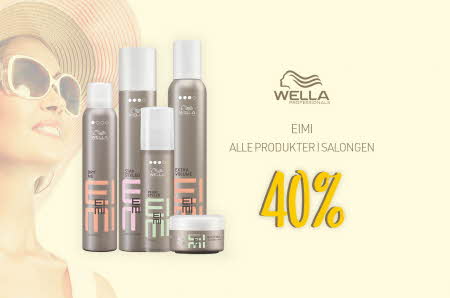 Hårprodukter på gul bakgrunn med en dame med solbriller og hatt