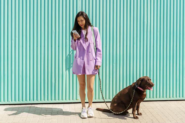 Dame med lavendelfarget blazer og matchende shorts foran mintgrønn vegg med hund i bånd og mobil i den andre hånden. Illustrasjonsbilde til artikkel om vårens farger.