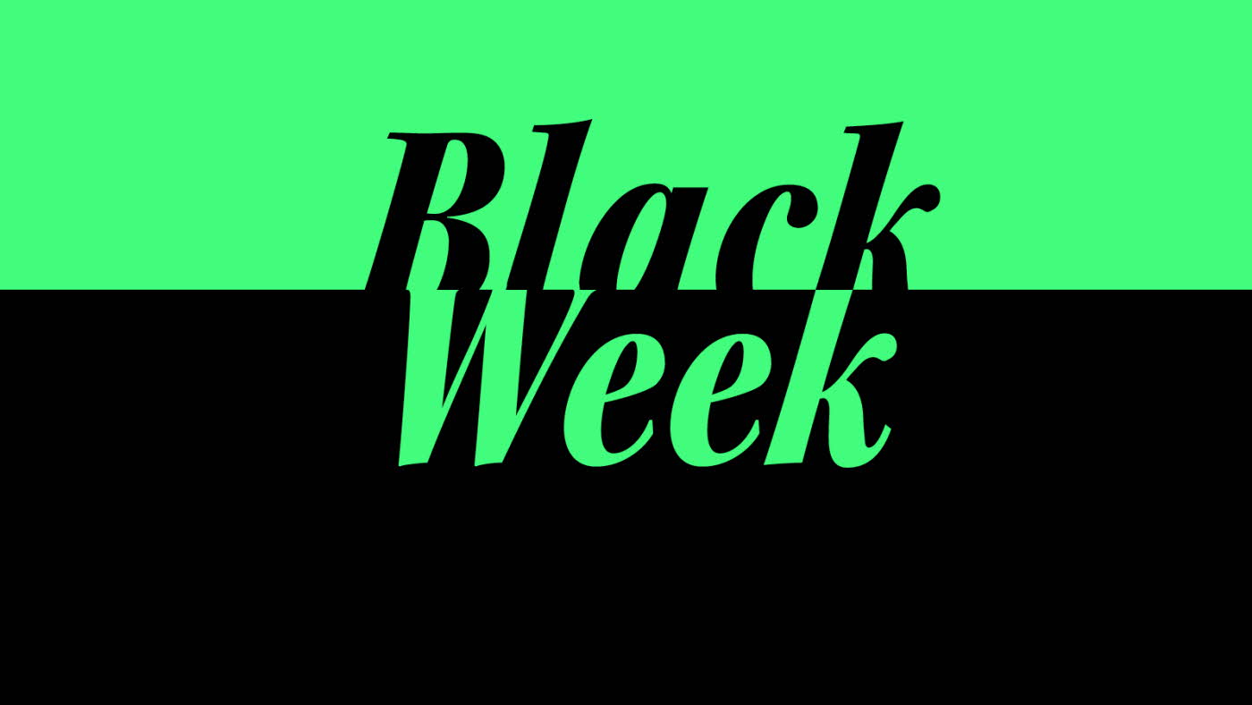 Grafisk bilde i grønt og svart med teksten "Black Week"