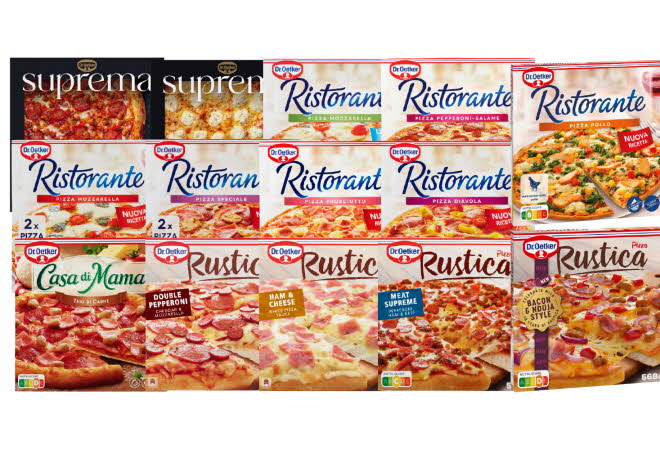 Utvalg av Dr. Oetker frossenpizzaer i ulike varianter som Ristorante, Casa di Mama, Rustica og Suprema.
