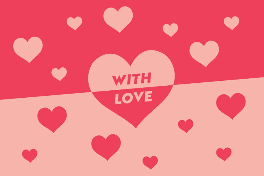 To forskjellige rosafarger og et hjerte i midten med teksten "with love", rundt er det pyntet med mange små hjerter