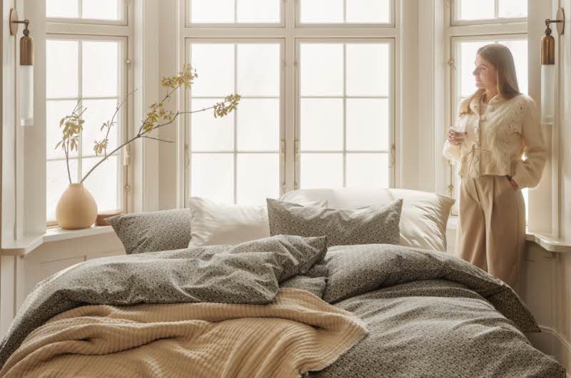 En dame holder et glass med vann og står foran en seng med grått sengesett