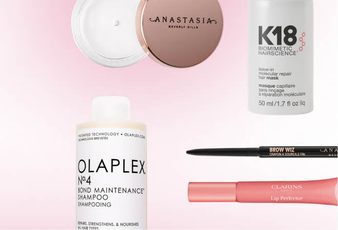 Fem skjønnhets- og hårpleieprodukter fra merker som Anastasia, K18, Olaplex og Clarins.