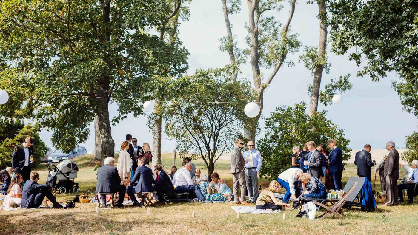 Sommerlig kledde bryllupsgjester har piknik