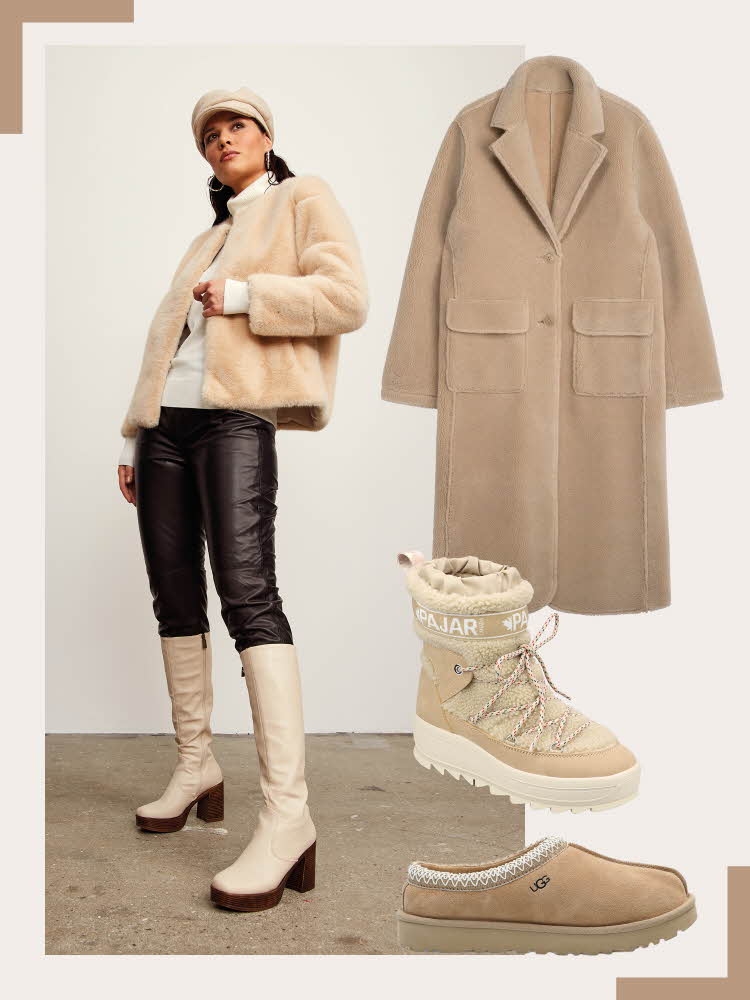 Damemodell med beige hatt, beige fuskepelsjakke, hvit bluse, sorte bukser og hvite høye støveltter, beige pusete jakke, halvhøye vinterstøvletter i lys beige, uggs tøfler