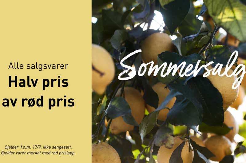 Et sitrontre med teksten "Sommersalg", på siden står det på gul bakgrunn: "alle salgsvarer, halv pris av rød pris"