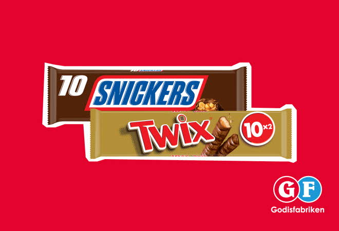 2 sjokolade bars med twix og snickers