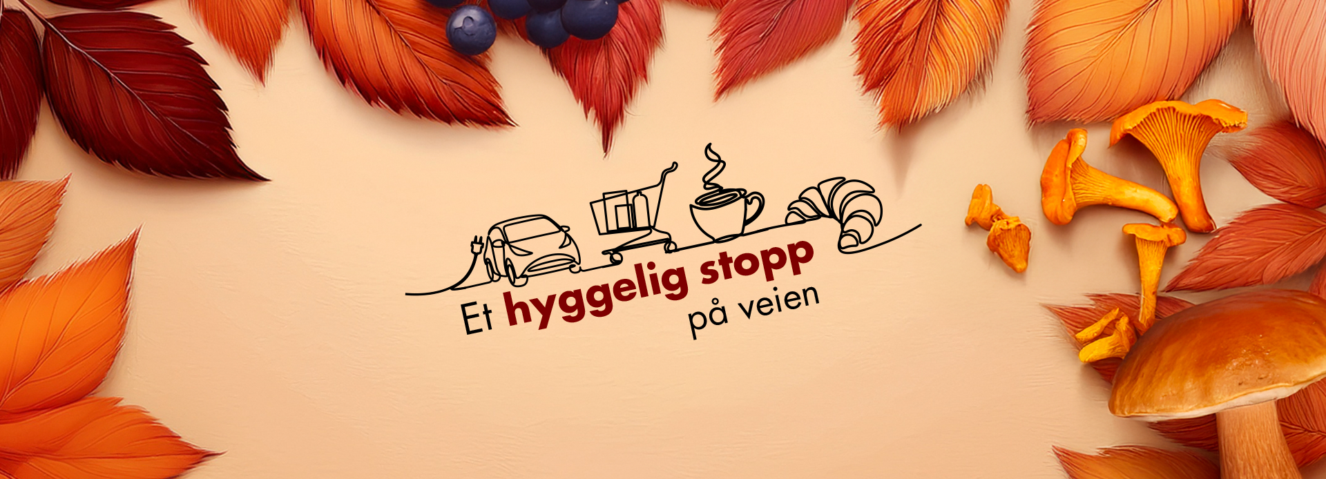 Digitalt bilde av høstblader, sopp, bær og strekfigurer og teksten "Et hyggelig stopp på veien"