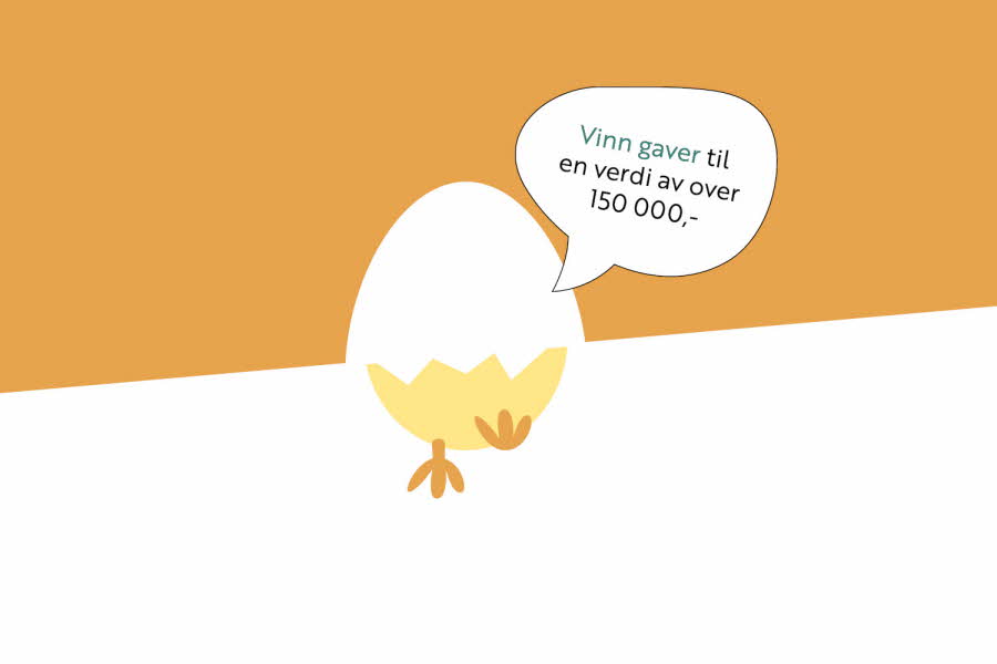 En påskekylling i et halvklekket egg med teksten "vinn gaver til en verdi av over 150 000,-"