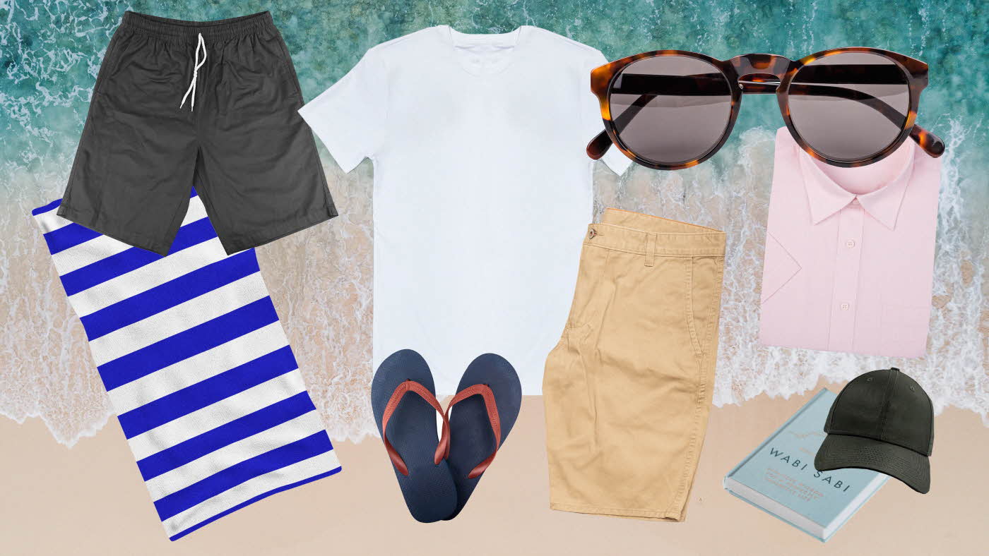 Strand, stripete håndkle grønt og hvitt, badeshorts, flipflops, beige chinos, rosa skjorte, caps, bok, solbriller, hvit t-skjorte.