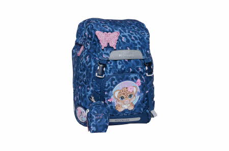 ryggsekk med leopard motiv i mørke blå med rosa sommerfugl og bilde av en leopard på sekken