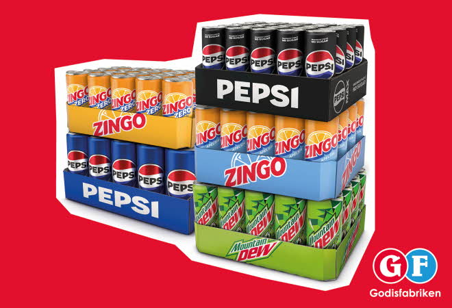 Fem brett med Pepsi, Zingo og Mountain Dew