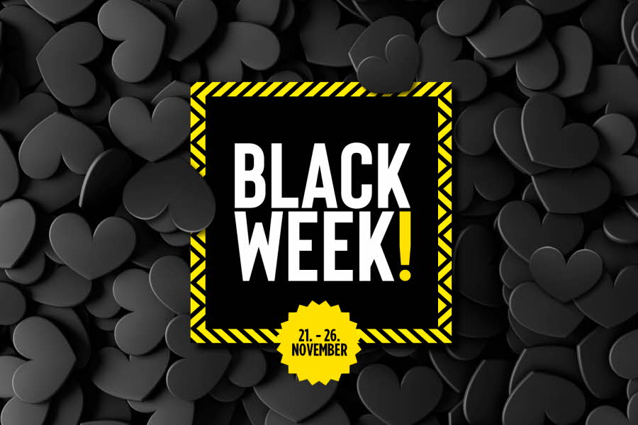 Black Week-logo, 21.-26. november, sorte hjerter, gul ramme