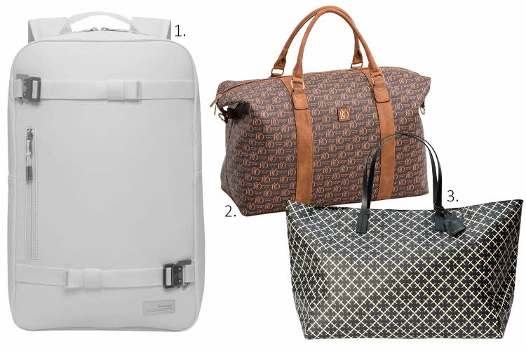 hvit koffert, brun bag, hvit og svart mønstret bag